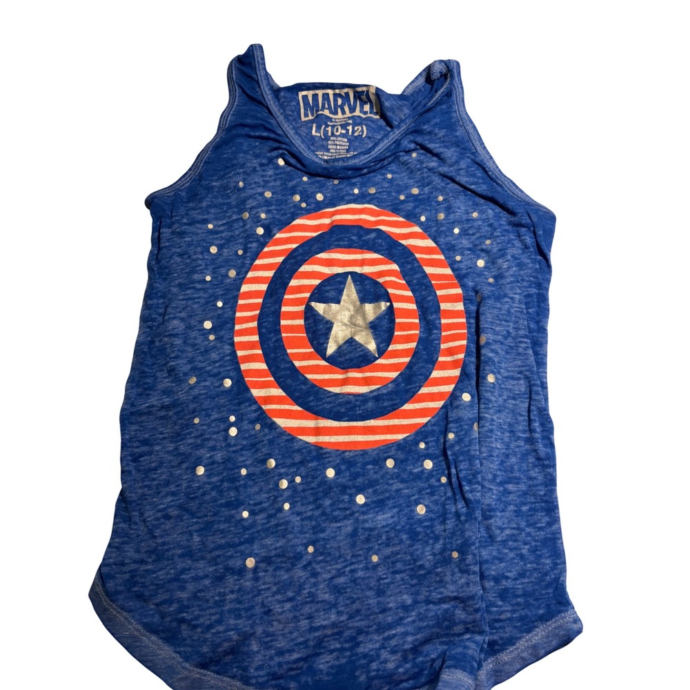 Marvel Captain America Graphic Tank Top Blue Heathered Shield Girls L 10-12